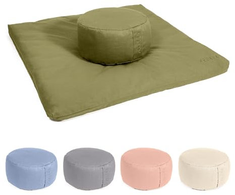 Vedara® Meditationsset Yogakissen Meditationsmatte Zabuton Kissen Rund – Waschbarer Bezug aus 100% robuster Baumwolle – Yoga Sitzkissen mit Bio-Dinkelspelzfüllung – Sitzhöhe 15cm (Waldgrün)