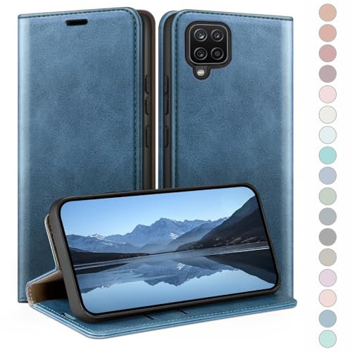 HUOUH für Samsung Galaxy A12 Hülle mit RFID Schutzhülle aus Lederhülle Handyhülle,Kartenfach Leder ständer Handy hülle,360 Grad Schutz Cover für Samsung A12 Klapphülle Wallet Case Leuchtend Blau