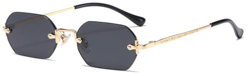 RUNHUIS Retro Randlose Rechteckige Sonnenbrille für Damen Herren Vintage Hexagon getönte Gläser (Gold/Grau)