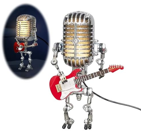 HTU Vintage Mic Rockbot 2024 Vintage Microphone Guitar Robot Lamp, Music Gifts for Men Vintage Light Home Decor Nightstand Desk Lamp for Bedroom