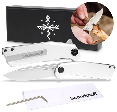 Scandinoff Klappmesser - Aluminiumgriff - Einhandmesser - 95mm Klinge - Taschenmesser - Klingenform „Modern SEAX“ - Sandvik 14C28N Stahl - EDC Messer für Outdoor, Wandern, Camping | Pocketor 95 Alu