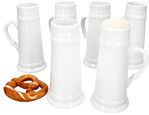 MamboCat Set di 6 brocche con manico I 0,5 litri I brocca di birra conica bianca in ceramica per 6 persone I gambo di birra sottile lucido I grigliate, festa di club