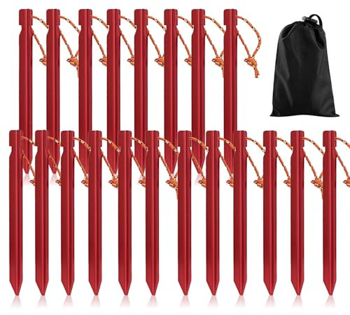20PCS Tent Pegs, Heavy Duty Metal Tent Pegs Camping Tent Stakes Nail with Reflective Rope Storage Bag for Camping,Beach,Outdoor and Sand, Red