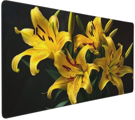 Lilie Blumen Mauspad XXL 800x400x3 mm, Groß Gaming Mauspad Design Vernähte Kanten, Wetterfest Anti Rutsch Mousepad PC Laptop verbessert Präzision und Geschwindigkeit, für Home Office A-50