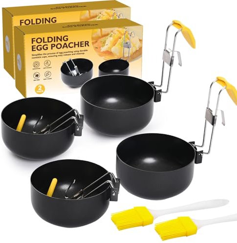 Egg Poacher, 2025 New Folding Poached Egg Maker Egg Cooker with Brush, Egg Ring Collapsible Hang Egg Boiler, Kitchen Gadgets Non-stick Egg Poacher for Perfect Boiled Eggs for Kitchen Tool (4-pcs)