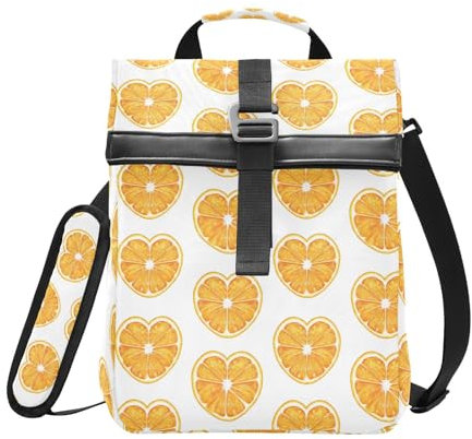 Lonchera aislada con parte superior enrollable para mujeres y hombres, lonchera plegable con corazón naranja, bolsa térmica reutilizable con correa para el hombro