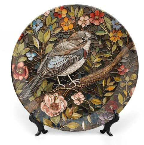 LYHVSFJW Keramik-Deko-Teller mit Vogelmotiv, dekorativer Teller aus Knochenporzellan, personalisierbare Boho-Teller mit Präsentationsständer, Keramik-Ornamente, Dessertteller für Heimdekoration