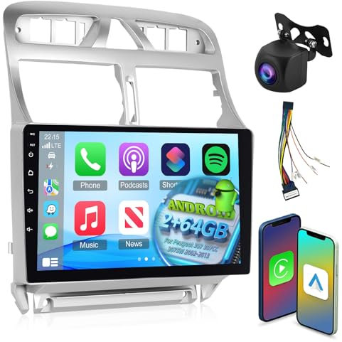 [2+64G] Android Radio de Coche para Peugeot 307 307CC 307SW 2002-2013 con Inalámbrico Carplay & Android Auto - Radio con Pantalla Táctil de 9 Pulgadas con 5G/WiFi, DSP, SWC + Cámara de Seguridad