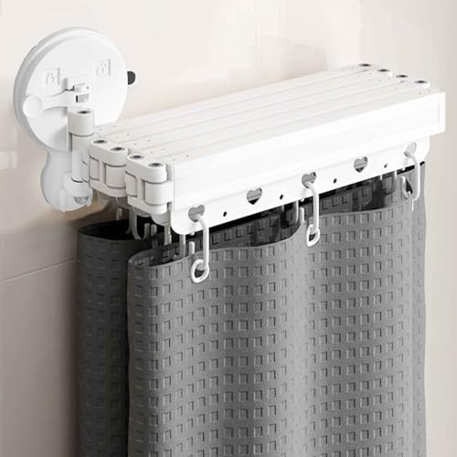 HLTQL Ensemble de Rideau de Douche à Tringle Pliable,Barre de Douche à Angle Réglable/Extensible sans Perçage, Tissu en Lin,Imperméable/Rangement Invisible(C,W180*H180cm)