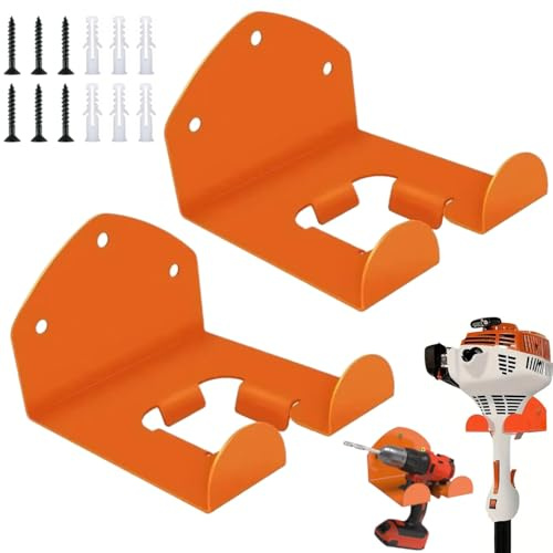 2 Stück Motorsensen Halterung, Wandhalterung für Rasentrimmer, Garten Elektrowerkzeug Aufhänger, mit Passenden Schrauben, für Garagentrimmer, Gartengeräte—Orange