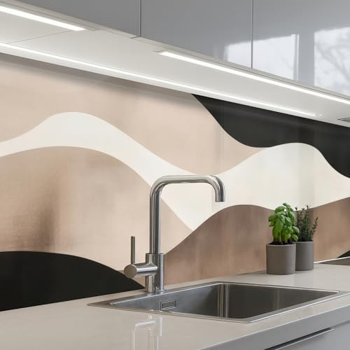 KitchenYeah© Splashback for kitchen 24x98 / 60x250 cm self-adhesive Wall Protector Decor Panels Cooker Backsplash Abstract - Landscape - Waves - Cream color