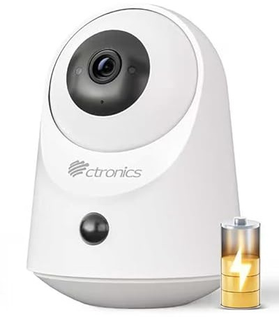 Ctronics 2K Telecamera Interno Senza Fili a Batteria | WiFi 5G/2.4GHz, Visione Notturna IR 20m, 128GB/Cloud, Rilevamento PIR, Audio Bidirezionale, 360° PTZ, Bluetooth