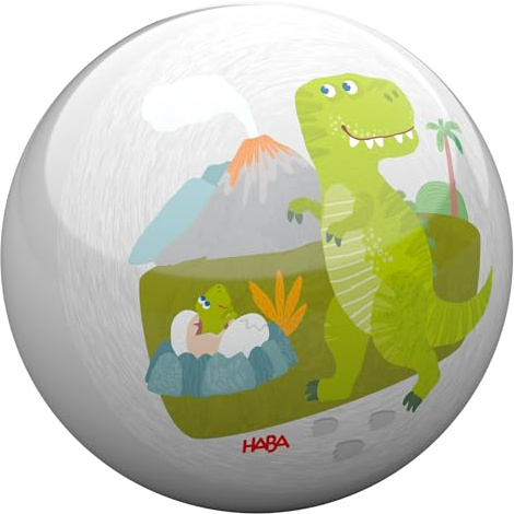 HABA Dino Ball 14 cm für Kinder ab 2 Jahren – Spielball mit Dinosaurier-Motiven aus Kunststoff mit Ventil, glänzend, ideal für Garten, Strand & Indoor-Spiel – 2012755001