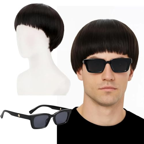 Short Black Funny Wigs for Men Women, with a Pair of Black Glasses, Bowl Cut Wig, Synthetic Short Wig, 60s 70s 80s Hair Used for Daily, Halloween Party Gatherings Role Playing