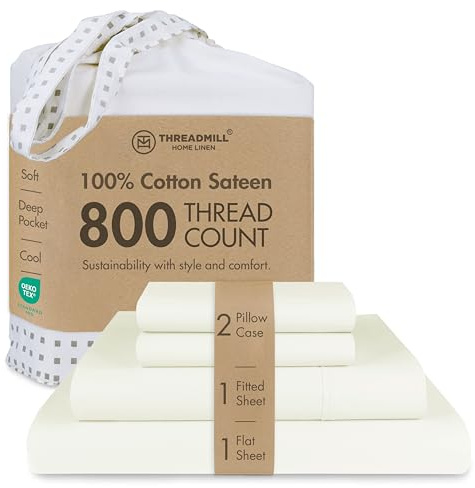 Threadmill Full Bed-Sheets – Fadenzahl 800, Satin-Webart, 100% Reine Baumwolle, 4-teiliges Bettwäsche-Set, extra Lange Baumwolle, seidig-weich, elfenbeinfarben mit elastischer tiefer Tasche