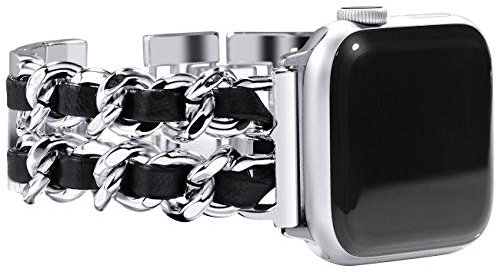 NewWays Kompatibel mit Apple Watch Edelstahl Armband 42mm(Serie 10) 41mm 40mm 38mm,Damen Metall Ersatzarmbänder für iWatch SE Series 10/9/8/7/6/5/4/3/2/1,Silber/Schwarz