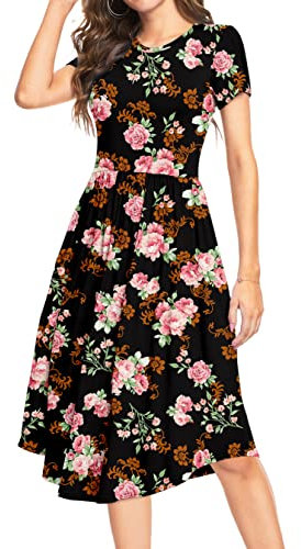 DEARCASE Damen Sommer Polka Dot Lässige Midi Tunika Kurzarm Schlichtes Kleid Plissee Lose Fließende Blumen Damen Kleid mit Tasche