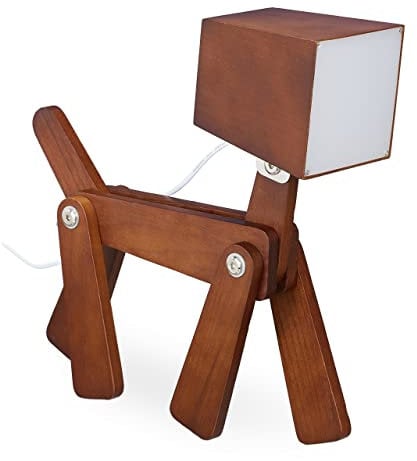 Relaxdays Tischlampe Hund, individuell verstellbar, Holz, LED Nachttischlampe Kinder, Tischleuchte Kinderzimmer, braun, 30 x 28 x 9 cm