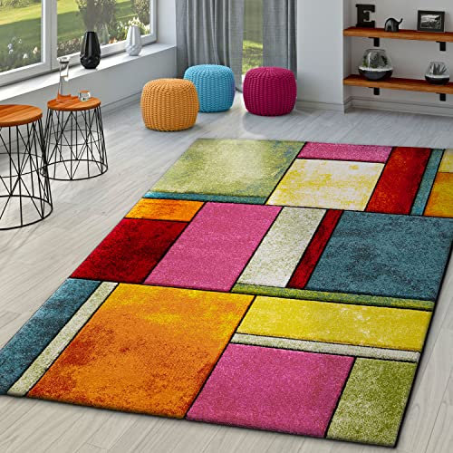 TT Home Wohnzimmer Teppich Kurzflor Abstrakt Geometrisch Design Used Look Modern, Farbe: Rot Blau Pink, Größe:160x230 cm