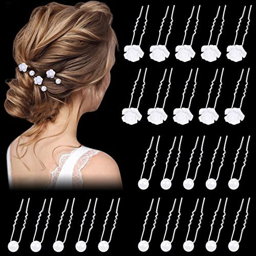 25 Pièces Épingles à Cheveux de Mariage, Accessoire Cheveux Mariage en Forme de U Perle Rose blanche pour Marriage, Mariée, Demoiselle D'honneur, Anniversaire, Filles, Femmes