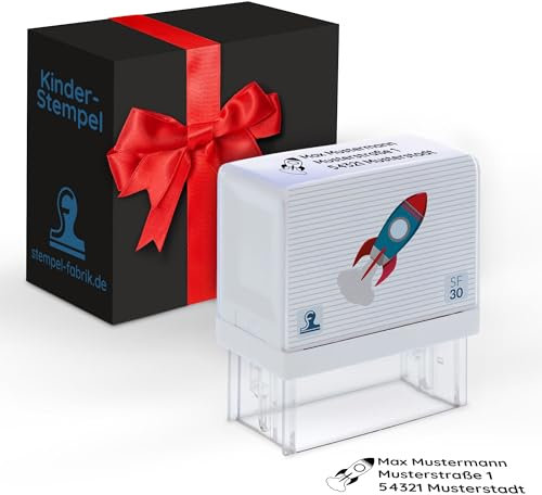 stempel-fabrik Kinderstempel Namensstempel/Personalisierter Adresstempel - Stempel für Kinder mit Motiv Rakete für Schüler/Schule und Kindergarten als Geschenk