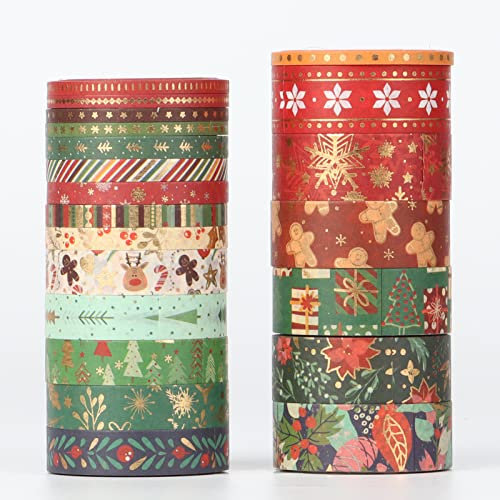 LGEGE Washi Tape Set, 21 Rollen – 15/10/5/3 mm breit, goldblockierendes Weihnachtselement, Schneeflocke, Schneemann, Weihnachtsbaum, Elch-Geschenk,japanisches Kreppband (5 m) für Ihren Weihnachtstraum