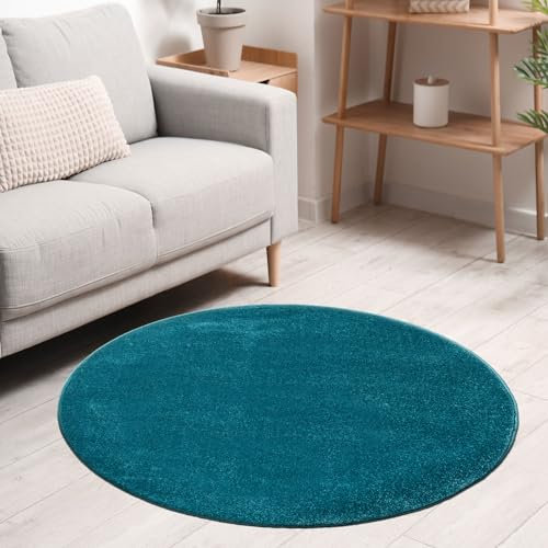 VIMODA Teppich rund Wohnzimmer Kurzflor Einfarbig für Schlafzimmer kinderzimmer weich Rund, Farbe:Blau, Size:200 cm Round