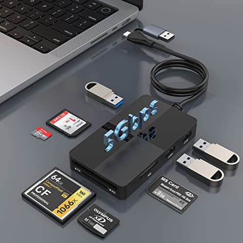 USB C USB3.0 Multi Card Reader Hub, 5 Tarjetas de Memoria con Extra 3 USB3.0,SD/TF/CF/Micro SD/XD/MS Memory Card Reader/Adapter/Hub for SD SDXC SDHC CF CFI TF Micro SD Micro SDXC SDHC MS MMC UHS-I