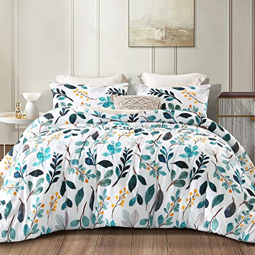 Whale Flotilla Edredón de 200 x 200 cm, Transpirable y Supersuave, edredón para Las 4 Estaciones con 2 Fundas de Almohada, diseño de Hojas Azules