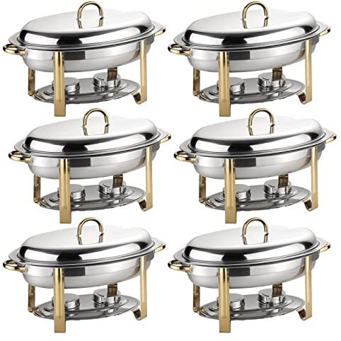 6L Oval Chafing Dish Set, 2/4/5/6 Pack Full Size Stainless Steel Buffet Warmer Tray with Food Pan, Water Pan and Fuel Holders, for Weddings Caterings Parties (6 Pack)