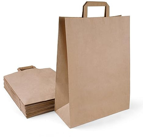 Inoverse 250 Stück Papiertragetaschen, Geschenktüten, 32+16x44 cm Papiertüten mit Henkel, Braun Kraftpapier Tüten, Papier Tragetasche, Papiertaschen, Papiertüten Klein