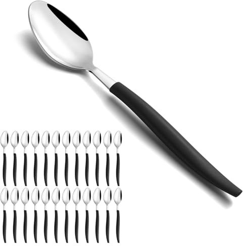 hunnycook Lot de 24 cuillères à soupe en acier inoxydable avec manche noir - 20 cm - Poli miroir - Pour la maison et la salle à manger - Passe au lave-vaisselle