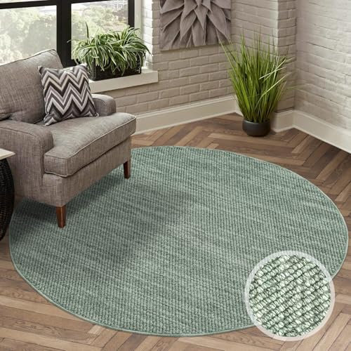 carpet city Teppich Kurzflor Wohnzimmer - Grün - 200x200 cm Rund - Teppiche Boho-Style - Einfarbig - Schlafzimmer, Esszimmer