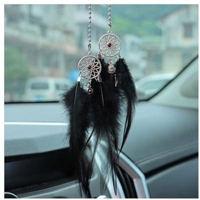 JNNJ Auto Spiegel Hängende Zubehör, Niedlicher Auto Rückspiegel Hängende Ornament, Dreamcatcher Feder Traumfänger, Innen Dekoration Anhänger für Frauen(Schwarz)