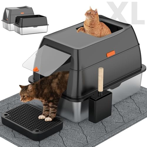 LOBEVE Stainless Steel Cat Litter Tray with Hood, Front & Top Entry, Extra Large Enclosed Metal Kitty Litter Box with Scoop & Mat – Black