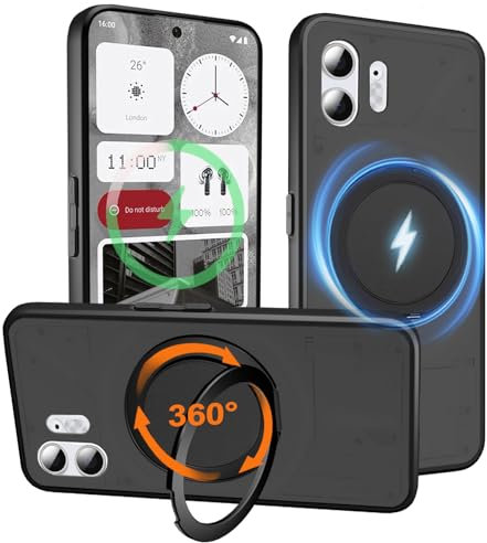 HikerClub for Nothing Phone 2 (2023) Magnetic Case with 360 Degree Rotating Stand Kickstand, Translucent Matte Shockproof Soft TPU Silicone Bumper Lens Protector Protection Cover, Black