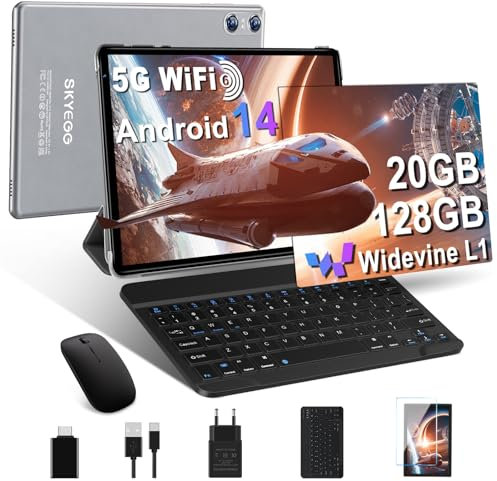 SKYEGG Tablet 10 Pulgadas Android 14 – 20GB RAM + 128GB ROM (Ampliable hasta 1TB), Widevine L1, WiFi 6, con Teclado, Ratón y Funda – Ideal para Trabajo y Estudio – Gris