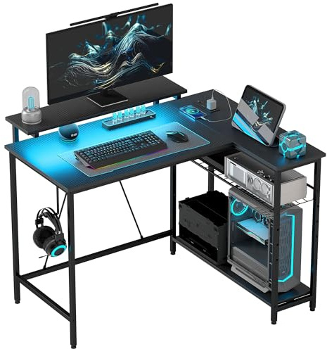 HOMCOM Scrivania Angolare con Luci LED, Prese USB, Supporto Monitor, Nero