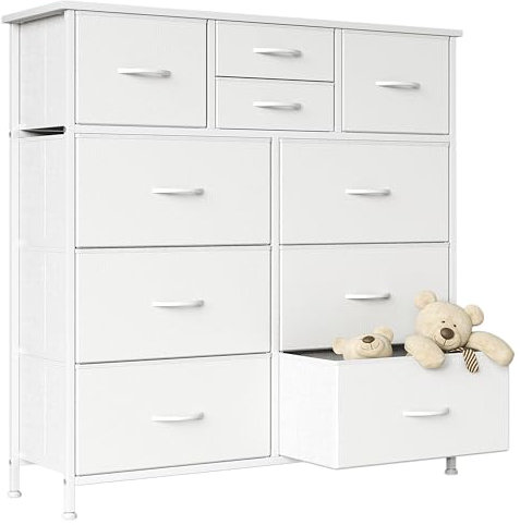 MUTUN Kommode für Schlafzimmer, hohe Lagerung Tower Standing Organizer mit 10 Stoff Schubladen, stabilem Metallrahmen, Veranstalter Einheit für Wohnzimmer Flur Schrank, 100 x 30 x 98 cm, weiß