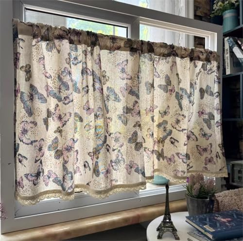 Yaland Kurzgardine mit Schmetterlingsmuster in Leinenoptik HxB 80x70cm | Scheibengardine mit Spitzenborte halbtransparent, Stangendurchzug, für Küche, kleine Fenster, Landhausstil, Vintage, 1 Stück