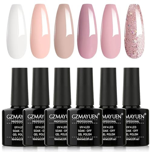 GZMAYUEN UV Nagellack 6 Farben Glitzernd Rosa Weiß Gel Polish, Frühling Sommer Gel Nagellack UV Shellac Set für Nail Art Nageldesign Maniküre
