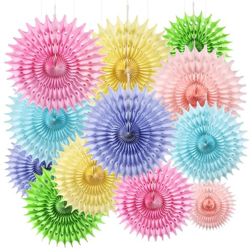 BestoFun 12 Stück Pastell Papier Fächer Set Hellblau PomPoms Tissue Blumen Gelb Grün Hängende Blumen Girlande Hellrosa Hellviolett Papier Fächer Dekoration für Geburtstags Deko Hochzeit Baby Shower