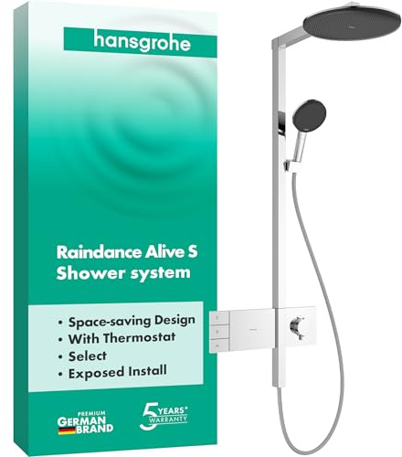 hansgrohe Raindance Alive S - Duschsystem mit Thermostat, Regendusche (300 mm) mit Armatur, Handbrause, Schlauch, Brausestange und runder Kopfbrause (2 Strahlarten), Chrom, 24595000