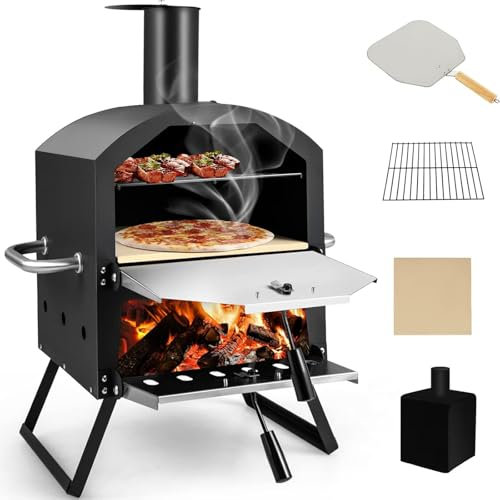 MObyat Outdoor-Pizzaofen, 2-stöckiger Holzofen mit wasserdichter Abdeckung, Grillrost und Pizzastein, Garten- und Terrassengrill für Fleisch, Fisch und Gemüse