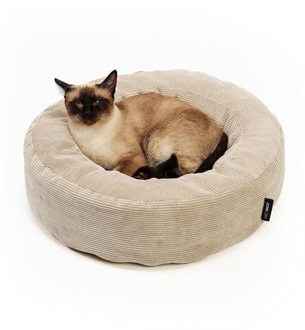 LucyBalu® Nest Katzenbett rund Cord – Sand | Kompakter, kuscheliger Schlafplatz, abziehbarer Bezug waschbar, hochwertige Polsterung
