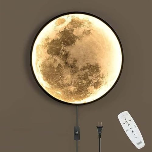 AoLa Modern LED Wandleuchte Innen Dimmbar Mond Wandlampe mit Stecker Runde Mond Design Deko Lampe Wand Nachttischlampe mit Kabel 3000K-6000K Fernbedienung Deckenleuchte Wandbeleuchtung,80CM