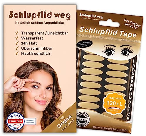SCHLUPFLID TAPE® lady size (L) - Augenlidliftig ohne OP [120 Stück], Schlupflid Streifen für schöne offene Augen, Kleine Schönheitshelfer für hängende Augenlider - Augenlidklebeband