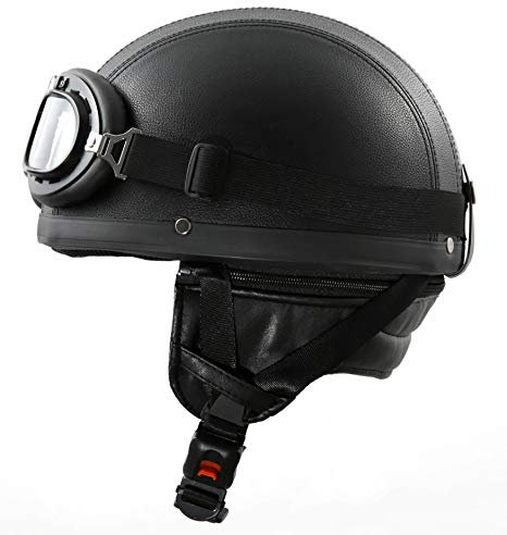 ATO Moto Retro Oldtimer Helm mit Kunstleder bezogen und Fliegerbrille Größe (XL (61cm))