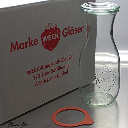 6 Weck Einkochgläser 1/2 Liter Saftflasche RR60 mit Glasdeckel und Ringen im Original Weck Karton (Mit Glasdeckel und Ringen)