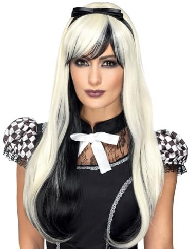 Smiffys Deluxe Gothic-Alice-Perücke, Blondund Schwarz, Hitzebeständig/Stylebar, mit Haarband